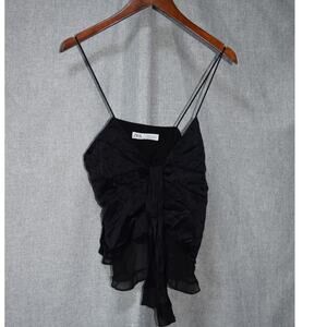 ZARA Black Sheer Ruched Spaghetti Strap Cami Top S